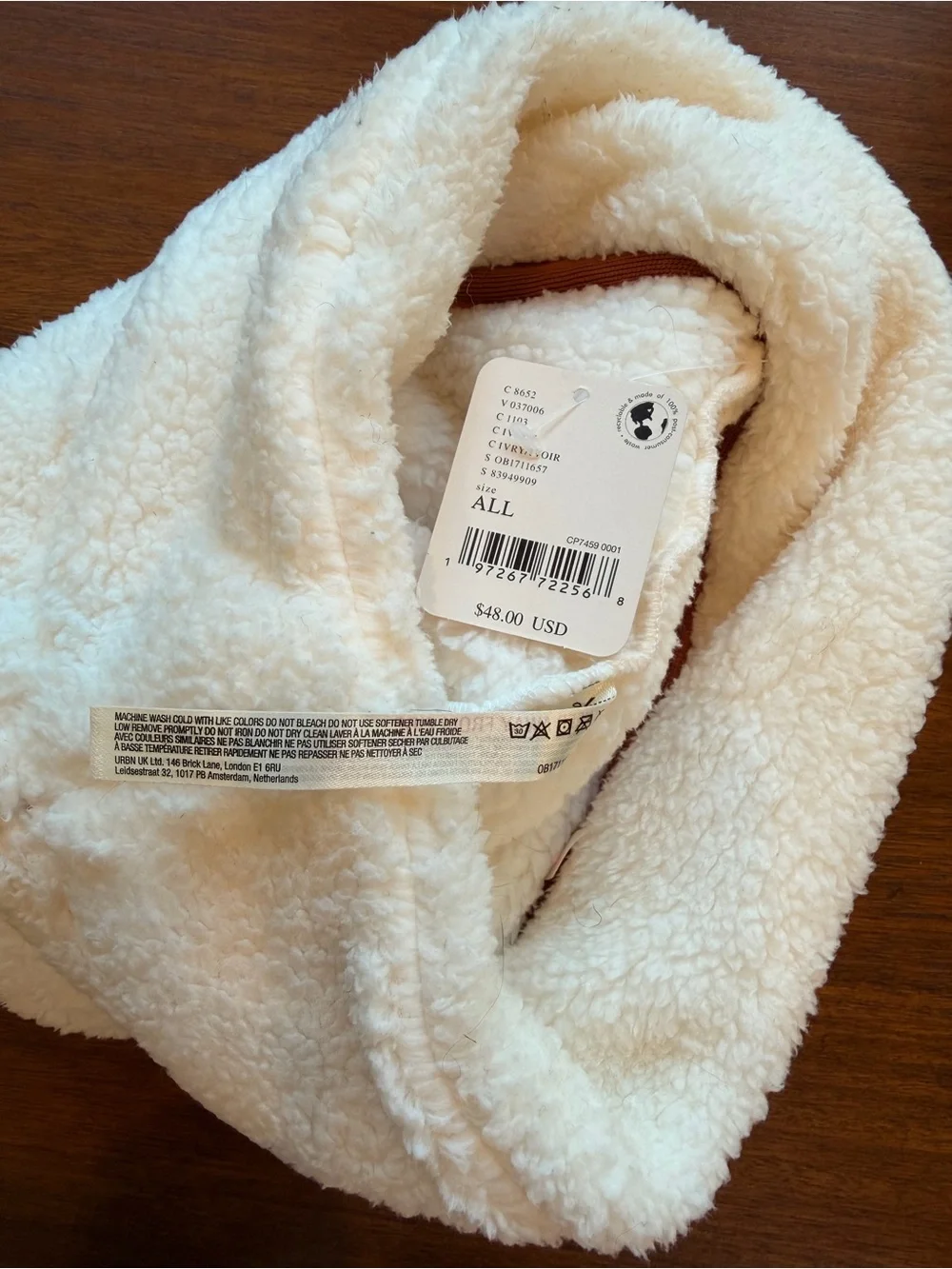Free People Cream Sherpa Beanie with Leaf Embroidery